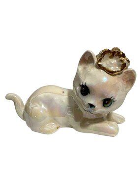 Zacc Ceramic Cat Figurine Iridescent Glaze & Gold Crown Kitten 3.5 x 1.5" Vtg